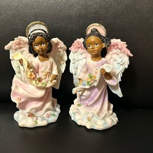 African American Girl Angel figurines holding flowers. Set of two